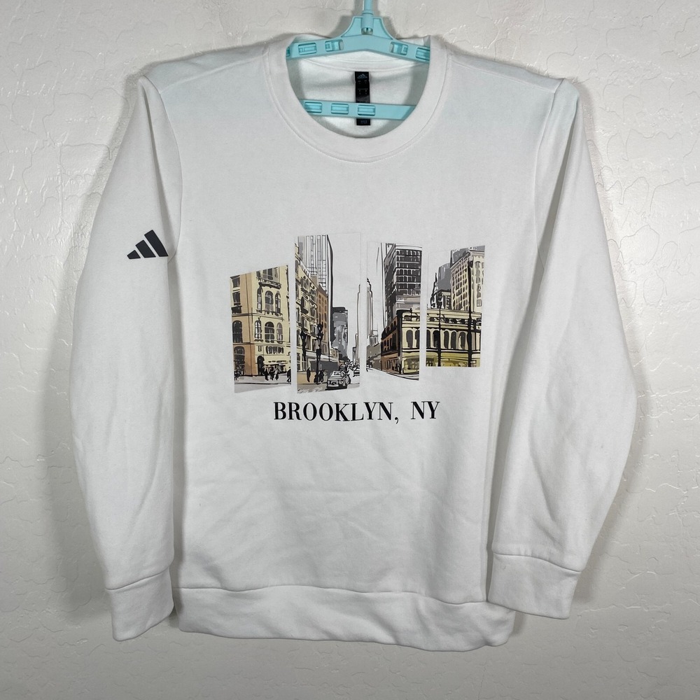 Adidas Sweatshirt Mens Small White Brooklyn New‎ York Crewneck Fleece Pullover